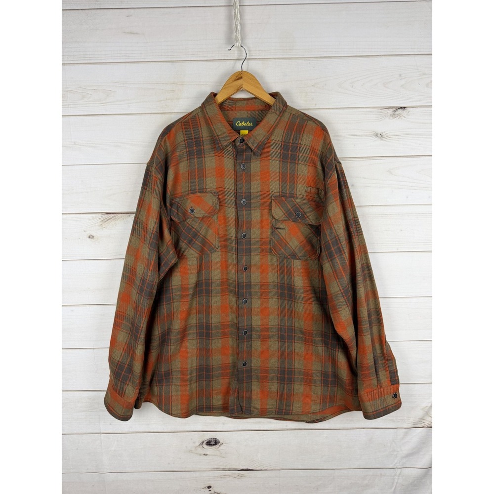 Cabelas Shirt Mens 3XLT Orange Brown Plaid Flannel Snap Button Outdoor Hunting